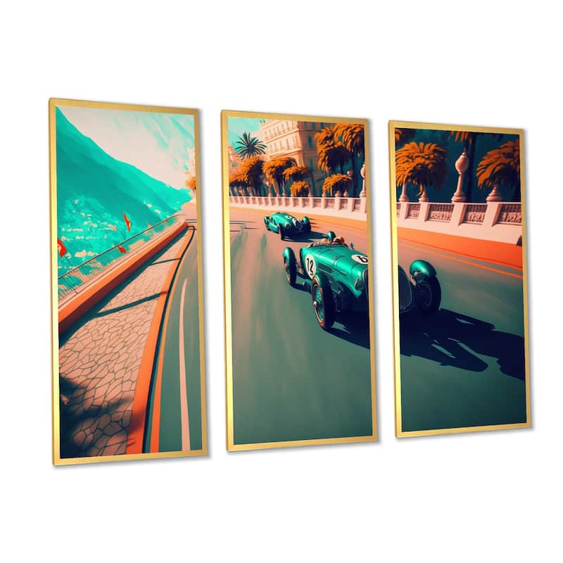 Designart "Retro Race Car In Monaco Street Race I" Exotic Car Framed Canvas Wall Art Print 3
